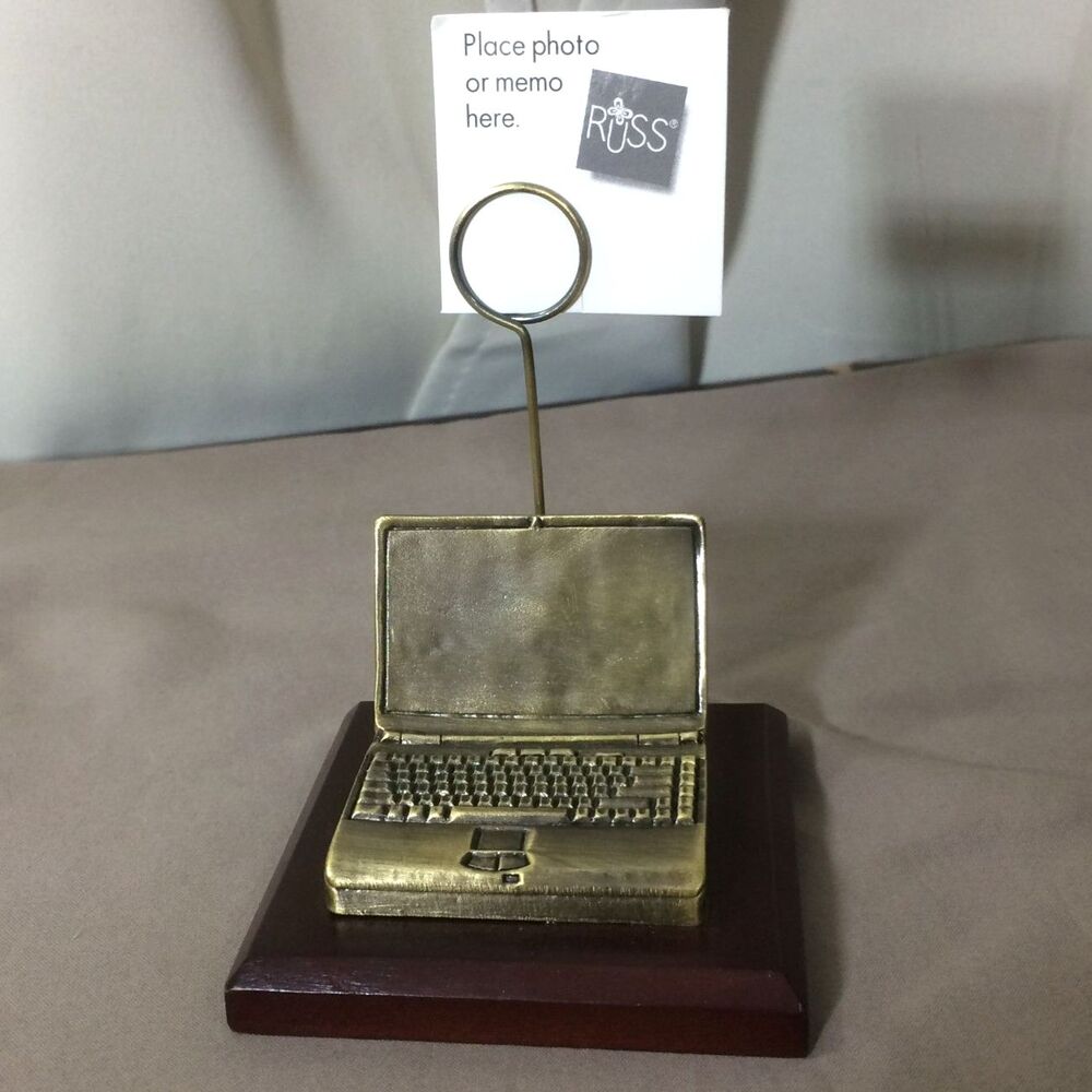 Russ Berrie Y2K Laptop Computer Photo Memo Holder Desk Wood Base Item 25034 NOS